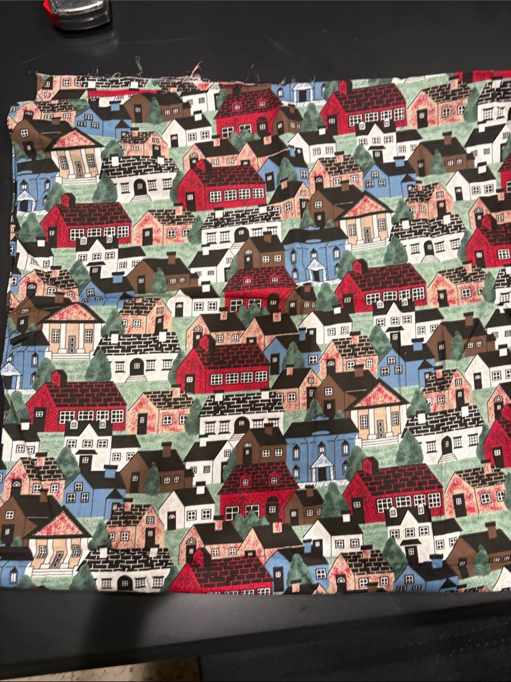 Illustrated Village Print Fabric Panel in Red, Blue, Brown, Green 44x66